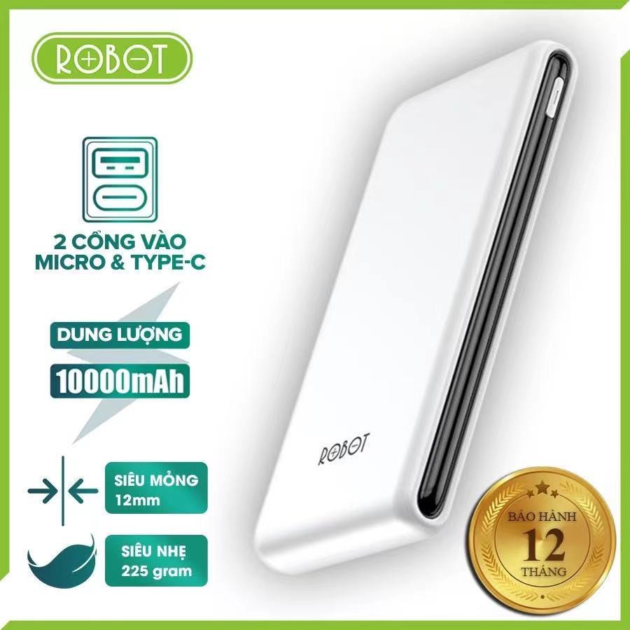 [Bảo hành 1 đổi 1 mới] Pin sạc dự phòng ROBOT RT180 dung lượng 10000mAh Lithium Polymer, sạc tốc độ cao 2A, tặng cáp sạc