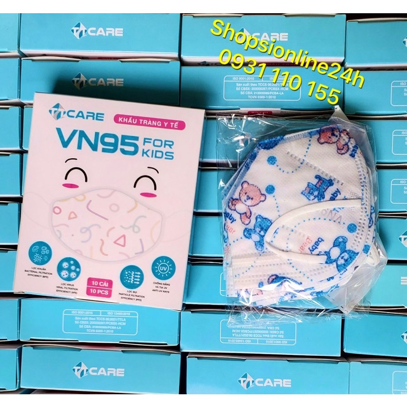 ✅ Hộp 10 khẩu trang VN95 TTcare cho trẻ em dưới 7 tuổi họa tiết Gấu xanh