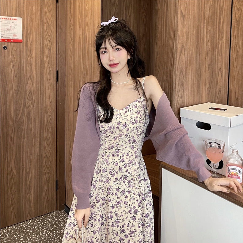 Bộ Áo Khoác cardigan Cổ Chữ V + Đầm Hai Dây Dệt Kim Ngắn In Hoa Nhỏ Phong Cách Hàn Quốc Thời Trang