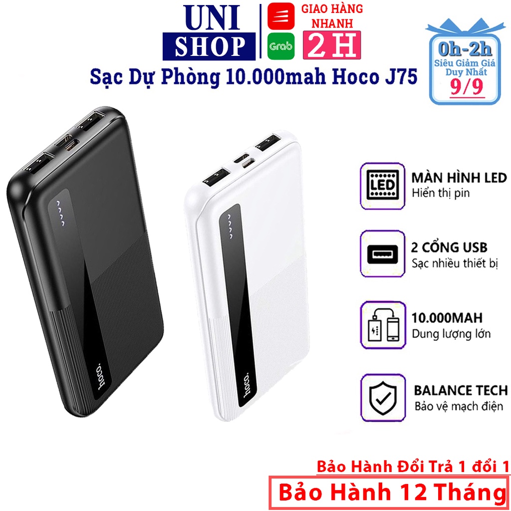 Pin sạc dự phòng 10000mAh Hoco J75, đầu USB/ Type-C, đầu ra 2 cổng USB 2A, có ĐÈN LED