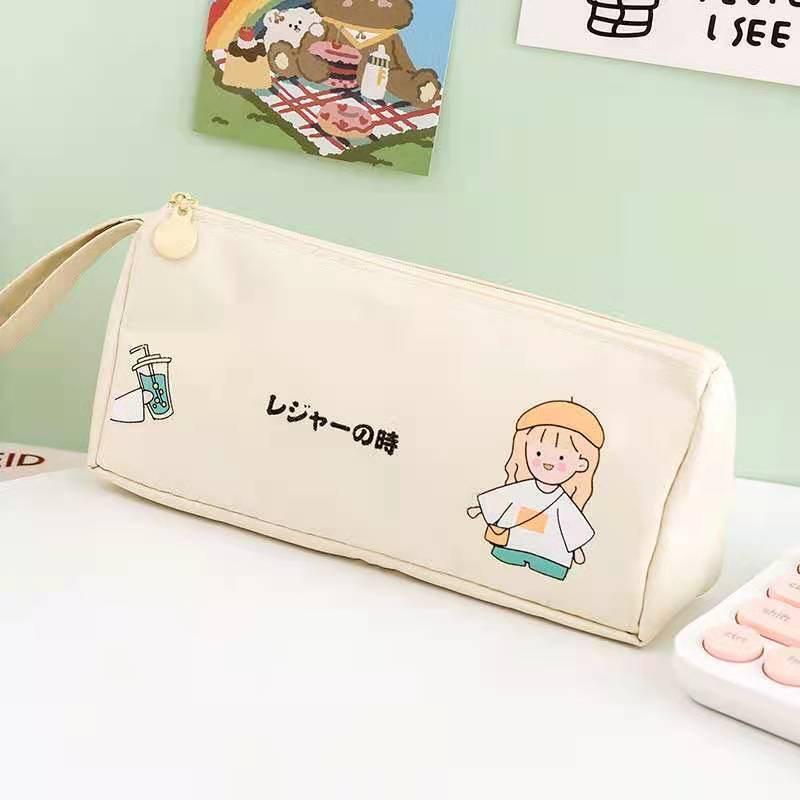 Túi Đựng Bút Chì / Mỹ Phẩm Bằng Vải Canvas Họa Tiết Hoạt Hình Dung Tích Lớn Tiện Dụng Cho Nữ