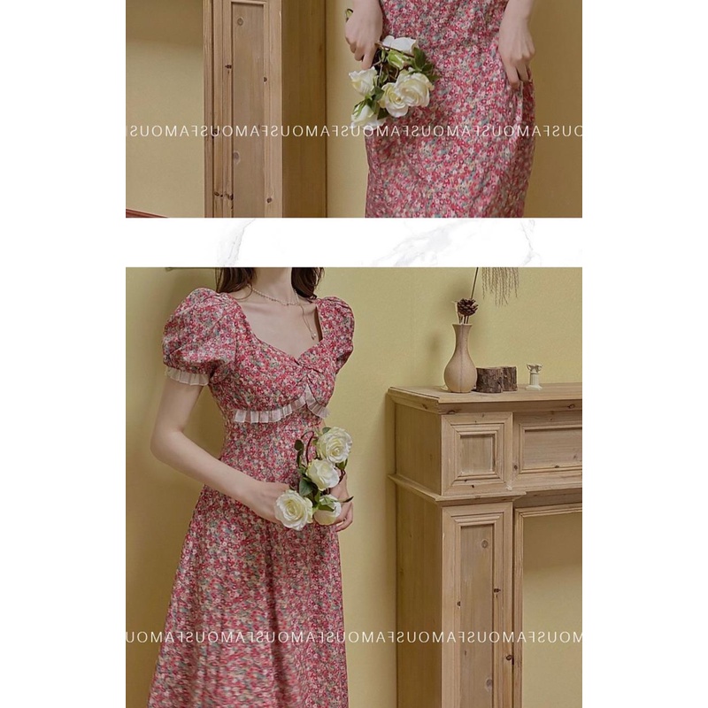 Đầm Công Chúa Dáng Dài Tay Phồng Màu Đỏ In Họa Tiết Hoa Phong Cách Pháp Thời Trang Mùa Hè Hàng Mới Dành Cho Bạn Nữ