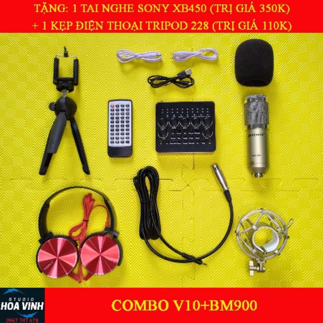 Combo livestream mic Woaichoang BM-900 soundcard V10 bluetooth tặng tai nghe kẹp điện thoại