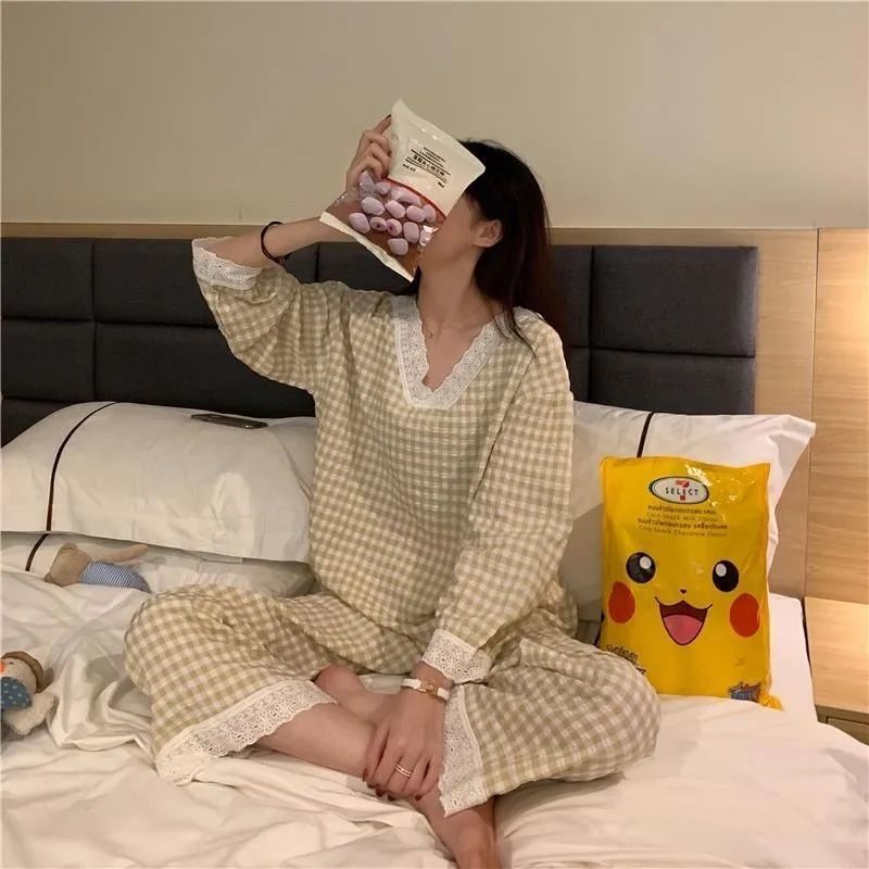 COZOK Bộ đồ ngủ tay dài kẻ sọc caro thời trang