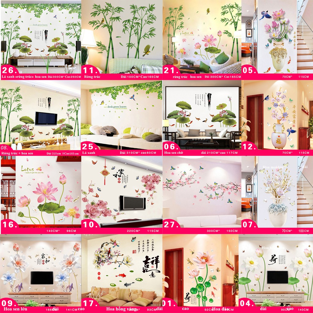 Trang trí nhà cửa giấy dán tường 3D hình hoa sen hoa đào cây trúc ngày tết năm mới