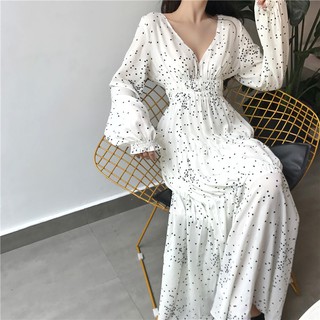 Đầm ulzzang maxi cổ V chấm bi chun eo - u.w