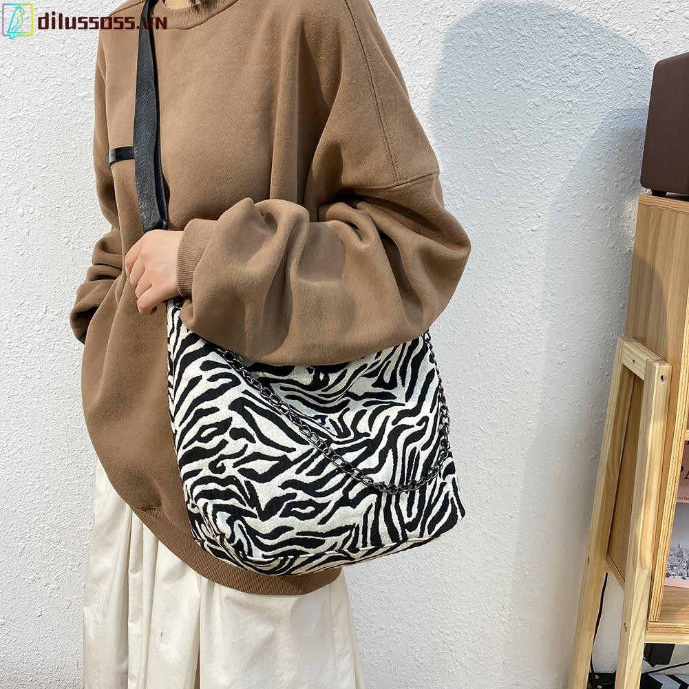 túi đeo chéo Retro Zebra Shoulder Handbag Women Canvas Big Capacity Crossbody Chain Bag