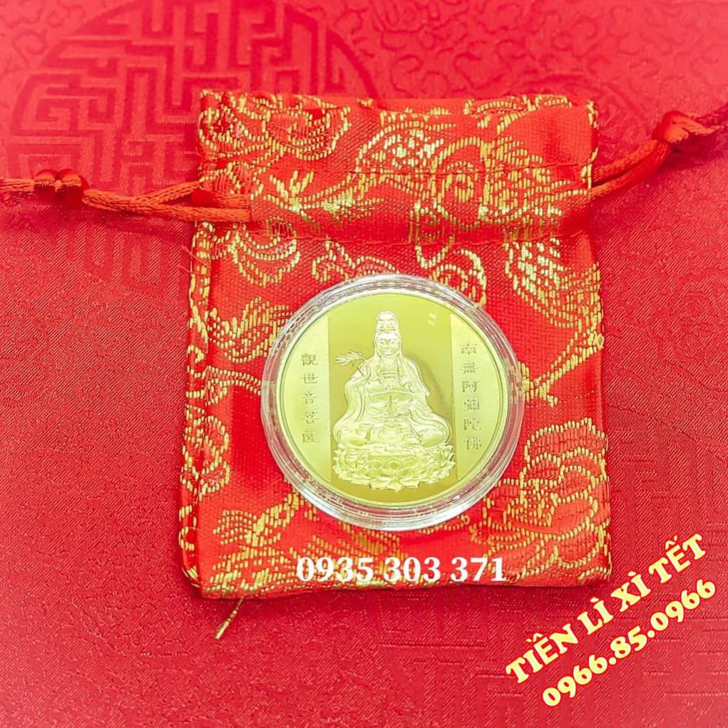 [SALE 35%]Đồng Xu Hình Phật Quan Âm Kèm Túi Gấm May Mắn Quà Tặng Phong Thủy