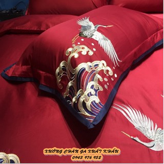 set chăn ga gối lụa ai cập hạc đỏ