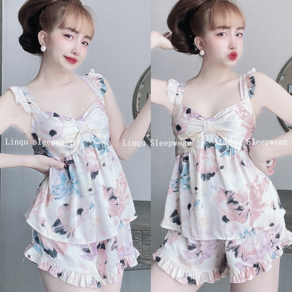 Đồ ngủ sexy 2 dây cánh tiên nhún nơ chất lụa latin mềm mịn, mát mẻ freesize 40-58kg - Linqustore