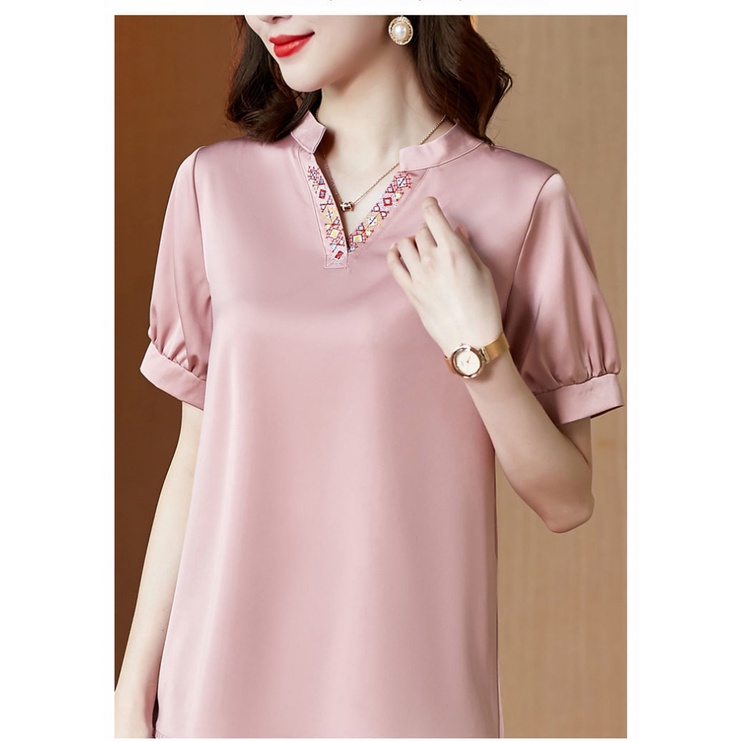 Áo Sơ Mi Voan satin Ngắn Tay Cổ Chữ V Màu Sắc Thanh Lịch Thời Trang Cho Phụ Nữ Trung Niên
