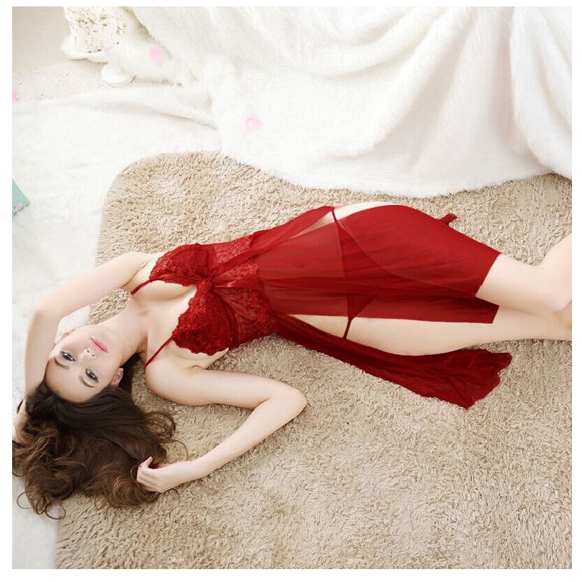 đồ ngủ sexy Đầm ngủ ren phối quần lót lọt khe màu đỏ phong cách giáng sinh cho nữ 7017