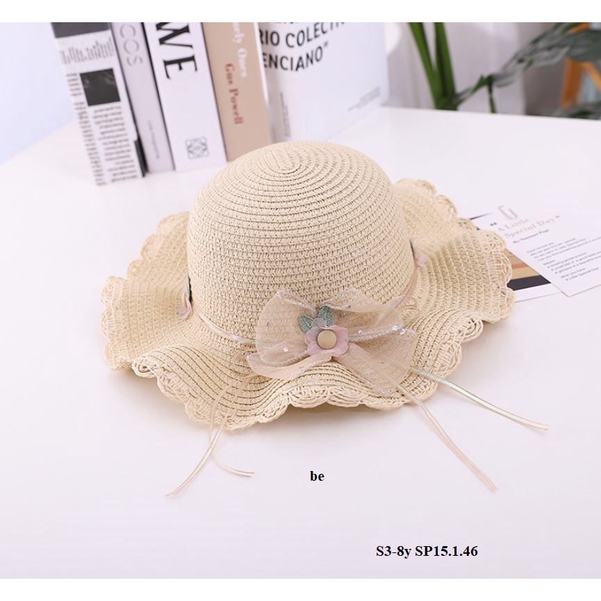 A23 Mũ cho bé/ Mũ cói đi biển cho bé gái/ Mũ cói vành rộng đính hình dễ thương,chống nắng cho bé  S3-6y