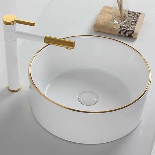 Vòi lavabo nóng lạnh bằng đồng hình trụ tròn 30cm sơn tĩnh điện Trắng Vàng cao cấp