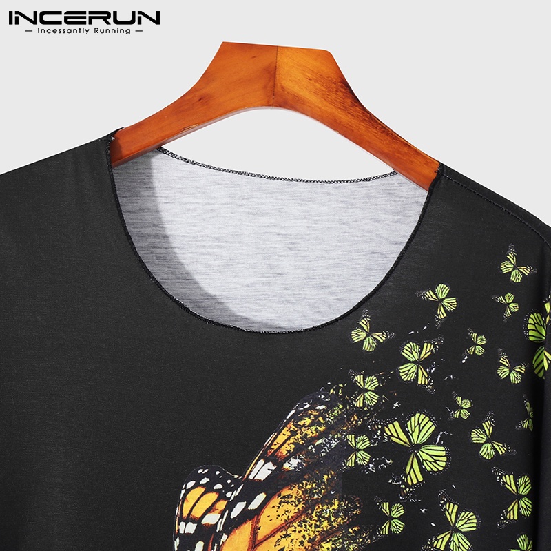 Áo thun INCERUN cổ tròn ngắn tay in họa tiết thời trang mùa hè cho nam