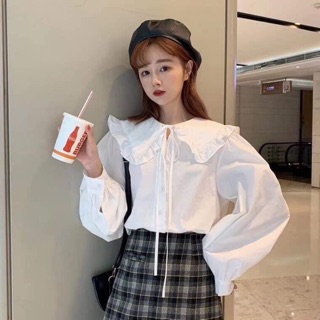 Sơ mi trắng bèo ulzzang buộc nơ - (Order) Áo thu ulzzang cổ bèo tay loe / Áo sơ mi nữ Hàn quốc tay bèo