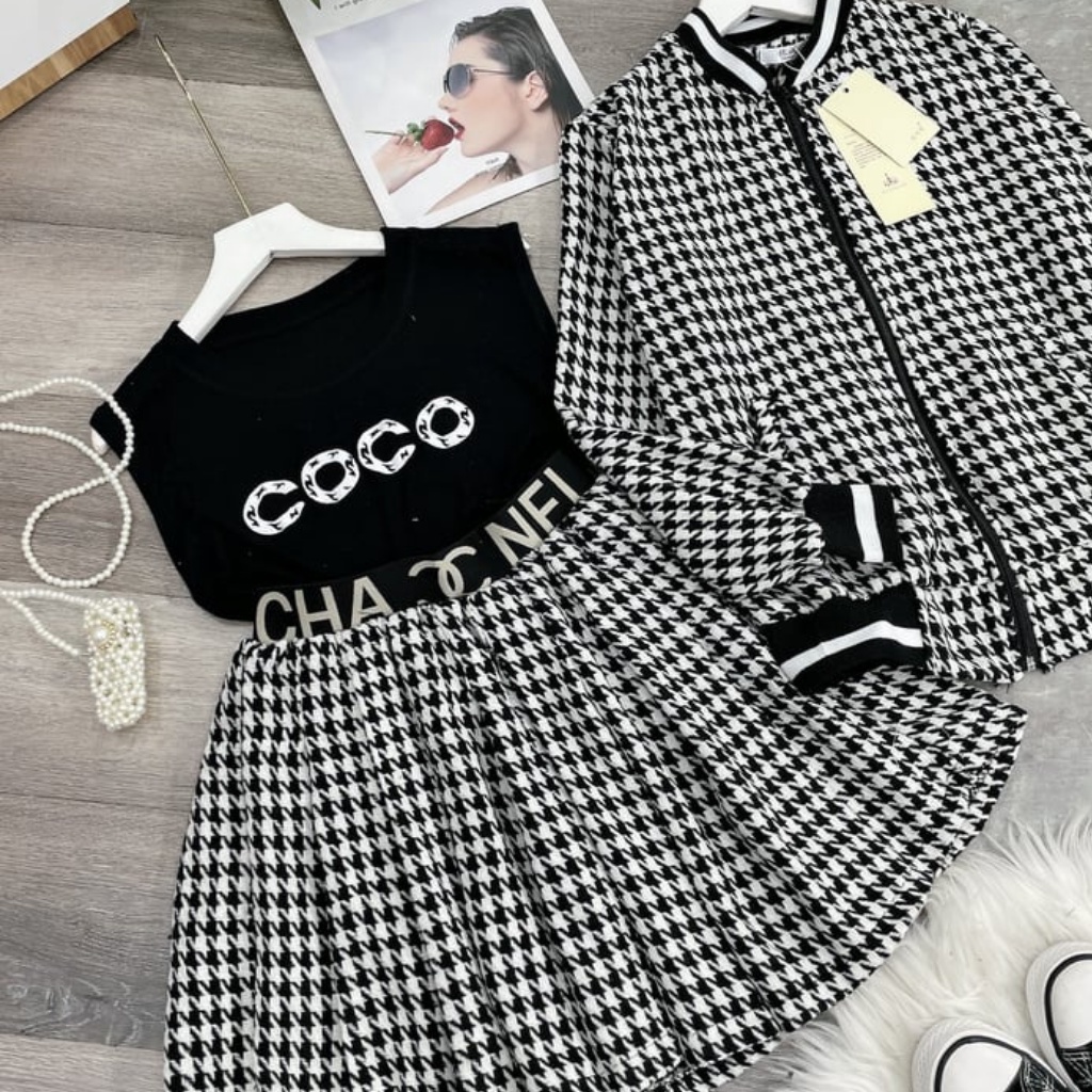 set chân váy xếp ly 2 lớp vải dạ, áo khoác dạ, áo thun 3 món siêu sinh. | BigBuy360 - bigbuy360.vn