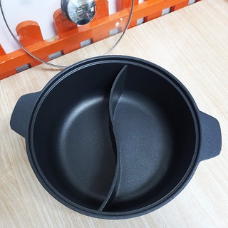 Nồi lẩu 2 ngăn gang nhôm chống dính nắp kiếng