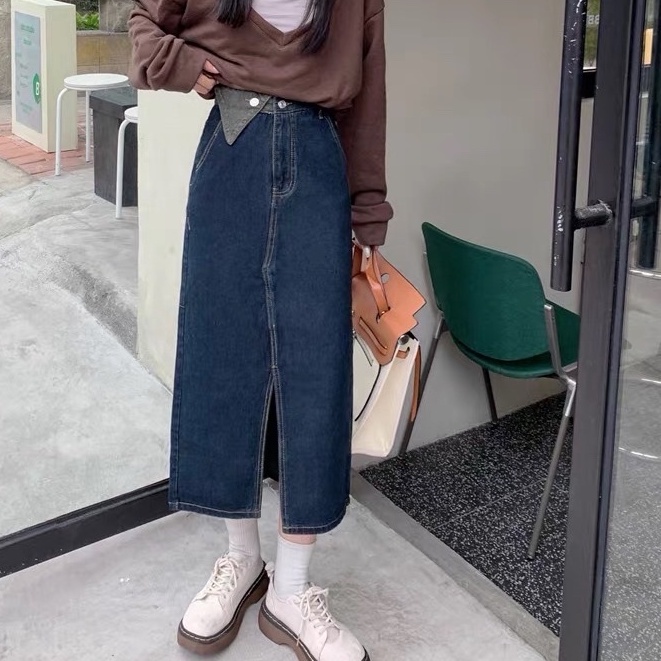 Chân váy jean kaki dáng dài, chân váy dài cạp cao hai màu xanh đen_A15