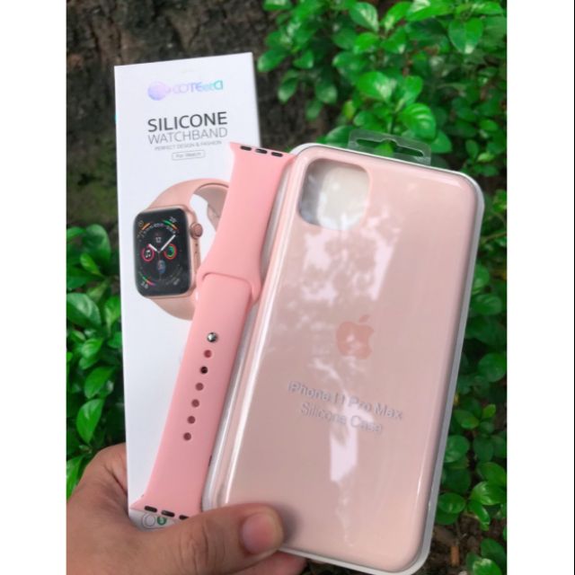 Combo Dây đeo Apple Watch + Ốp Silicone cho iPhone màu hường siêu hót