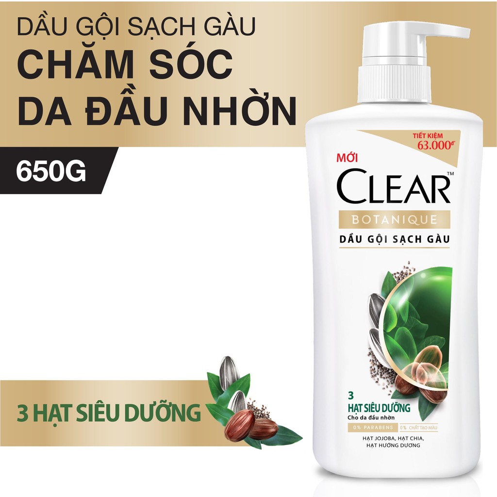 (Mẫu mới) Dầu Gội Clear Botanique 5 Tinh Dầu/ 3 Hạt Siêu Dưỡng 650g