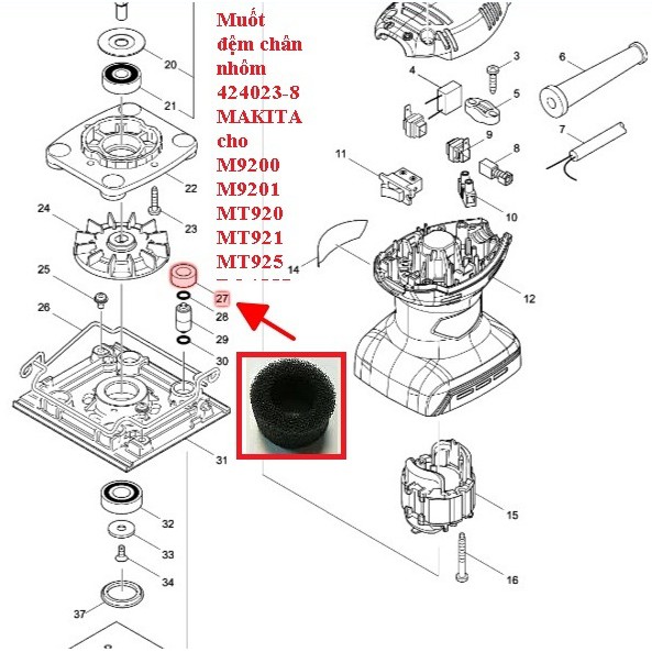 Muốt đệm chân nhôm 424023-8 MAKITA cho M9200 M9201 MT920 MT921 MT925 BO4557 BO4558 EK7650H EK7651H B