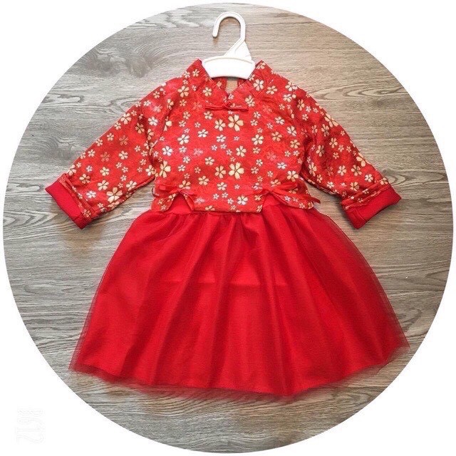 SET VÁY CÔNG CHÚA PHỐI GẤM ĐỎ CỔ TÀU CHO BÉ GÁI -AT8500