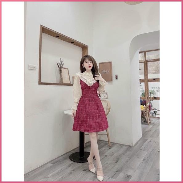 Đầm đỏ tết CIBI Đầm Tay Dài Đô Phối Màu Trắng Kem Dún Vải Bố Dưới 53kg