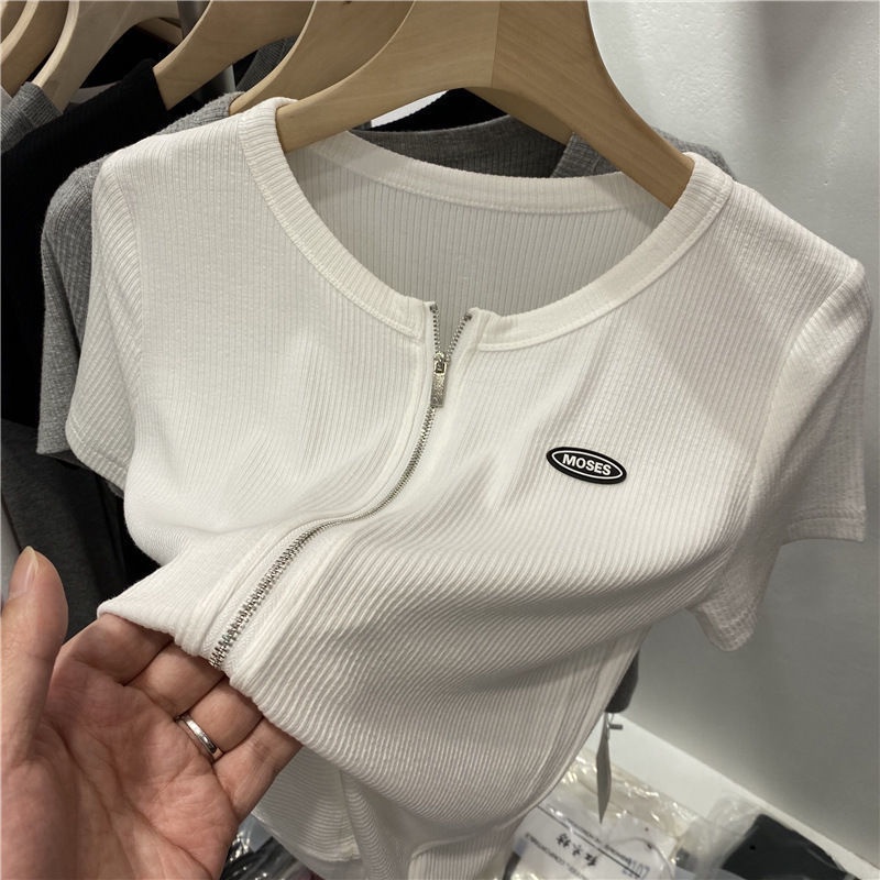 COZOK Áo Thun Ngắn Tay Lưng Cao Dáng Ôm Phối Khóa Kéo Đôi Cá Tính