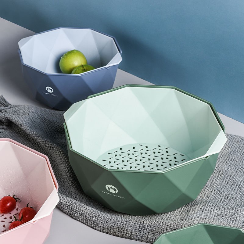 Set 2 món rổ kèm chậu bộ 2 rổ và chậu, thau nhựa rửa rau củ, hoa quả trái cây 2 lớp hình học chất liệu nhựa PP - #ronhua