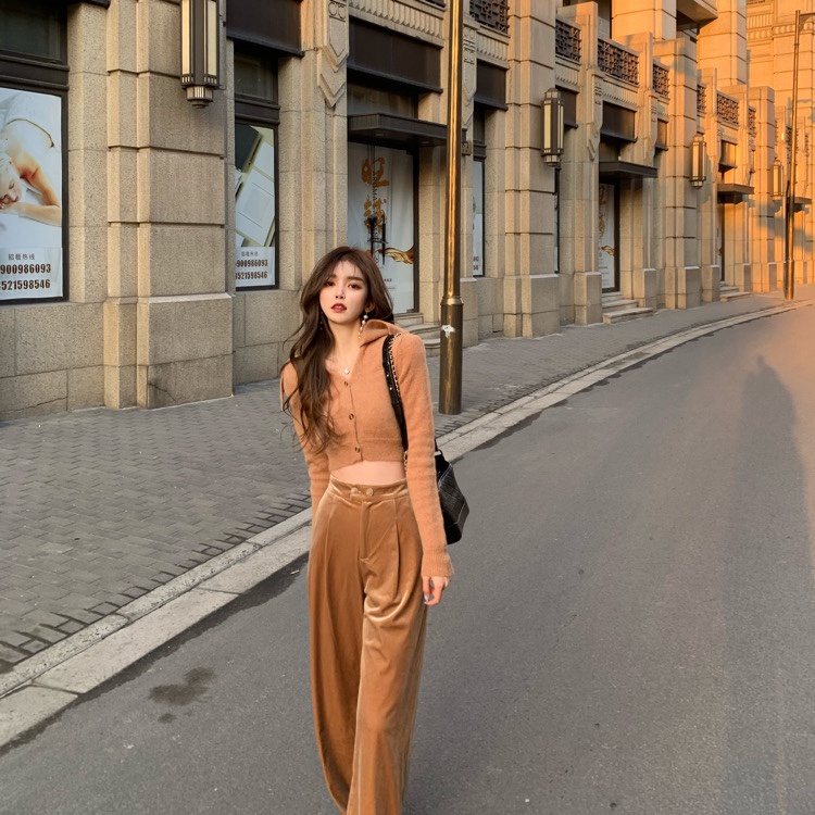 Set áo len lông mịn + quần cạp cao ống suông nhung nữ tính HS109 Hỉn Hỉn Store