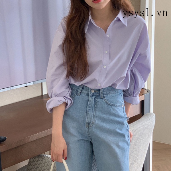 Áo Sơ Mi Dáng Rộng Màu Tím Nhạt Phong Cách Hàn Quốc Thời Trang Mới 2021 Cho Nữ