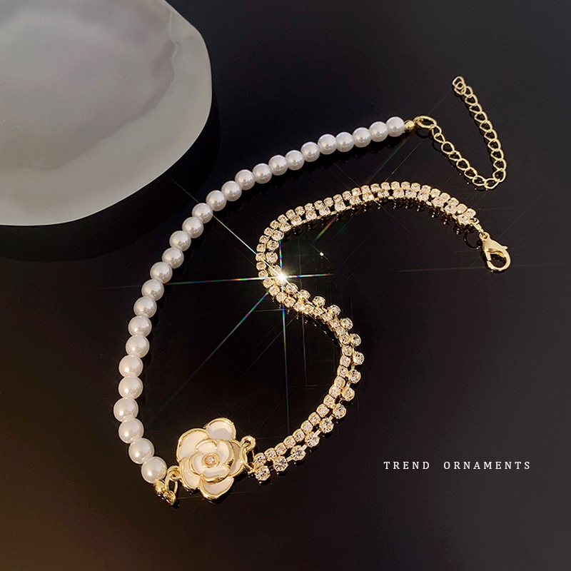 Vòng Cổ choker Đính Hoa Chi Trà Và Ngọc Trai Sang Trọng Thời Trang