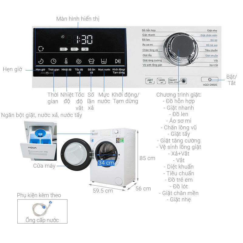 Máy giặt Aqua cửa ngang 8.5kg màu trắng AQD-D850E.W