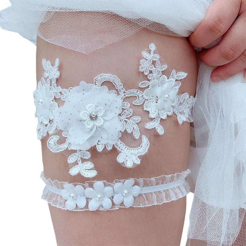 Set 2 Vòng Đeo Đùi Thêu Hoa Đính Ngọc Trai Nhân Tạo Cho Cô Dâu