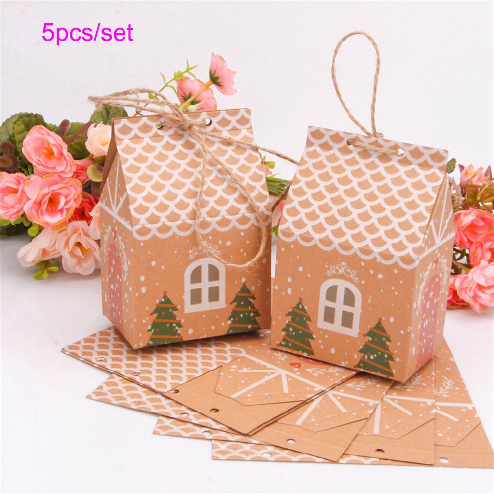 Daphne Set 5 Túi Giấy Kraft Đựng Bánh Kẹo Hình Ngôi Nhà Giáng Sinh