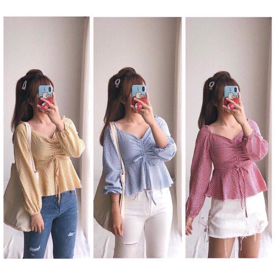 Áo tay phồng peplum rút dây caro vip(BAO ĐỔI TRẢ MIỄN PHÍ)  ྇