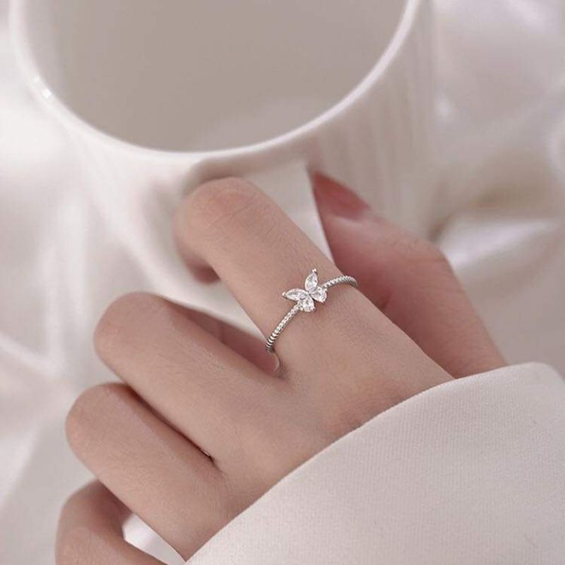 Nhẫn bạc nữ Nhẫn hồ điệp đính đá to tự điều chỉnh size tay