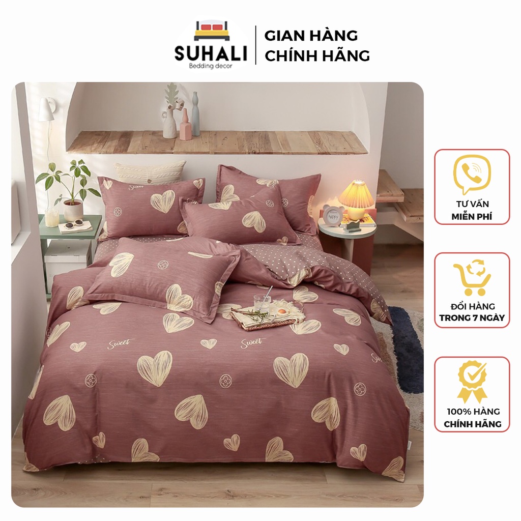 Bộ chăn ga giường cotton poly SUHALI tim hồng đất gồm vỏ chăn mền, drap nệm và 2 vỏ gối