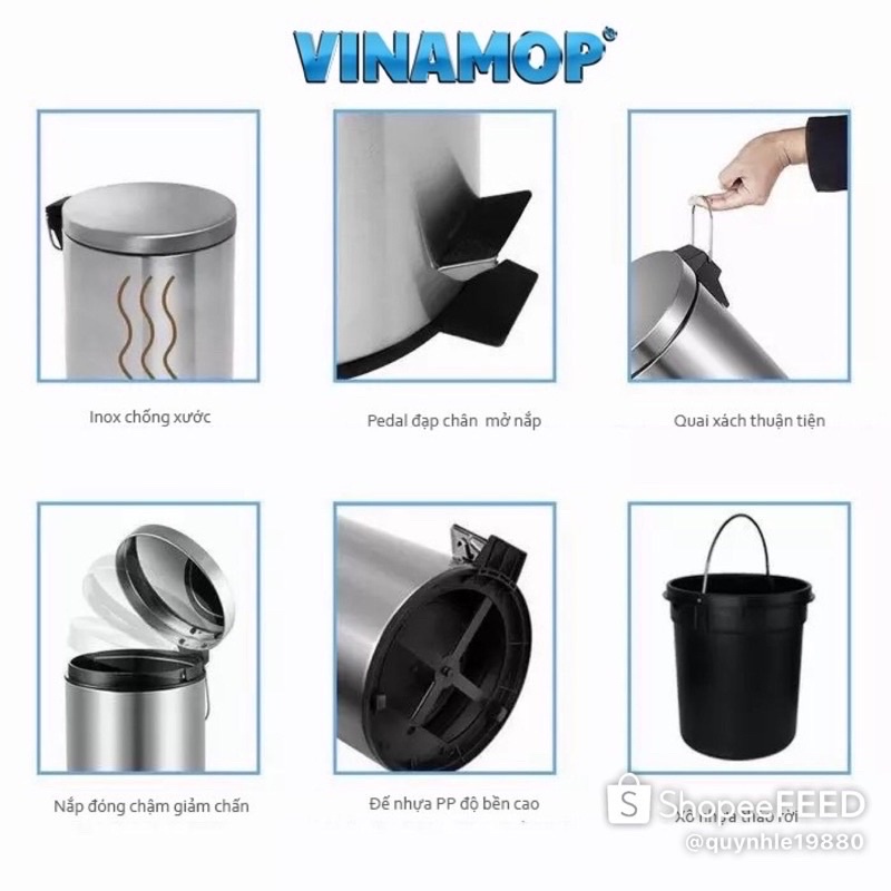 Thùng rác Vinamop 5L, 12L, 20L inox tròn đạp chân cao cấp (Hàng chính hãng Lỗi 1 đổi 1 - Bảo hành 6 tháng)