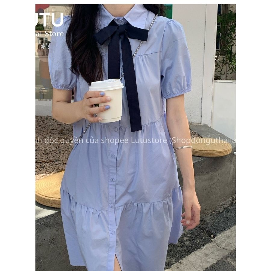 Váy Đầm Babydoll Xòe Tầng Sơ Mi Cổ Đức Kèm Nơ Siêu Xinh Chất Thô Mềm Cao Cấp