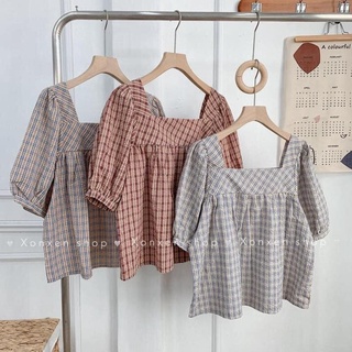 Áo kiểu babydoll áo kiểu caro cổ vuông tay lỡ dễ thương xonxen shop quy nhơn freesize mã 92