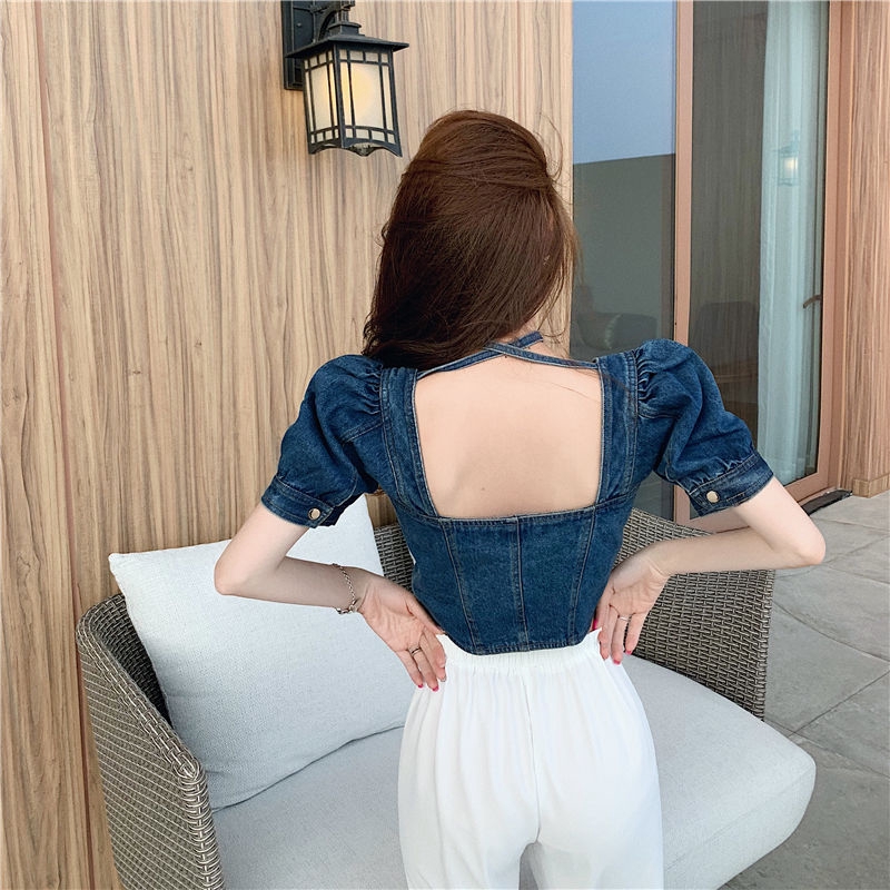 Áo Sơ Mi Denim Tay Phồng Phong Cách Hàn Quốc Thanh Lịch Dành Cho Nữ