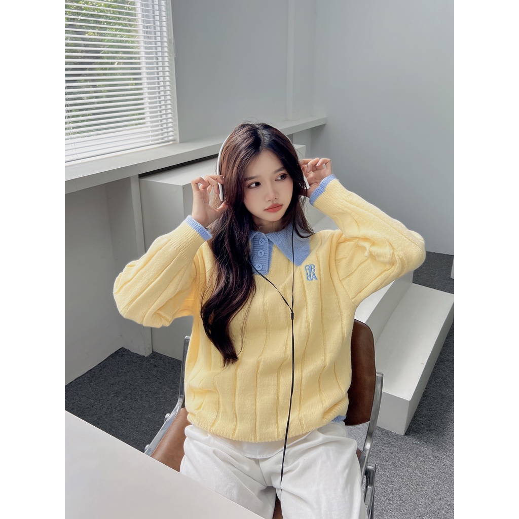 DUNEA Áo Sweater Dệt Kim Form Rộng Phối Màu Xinh Xắn Cho Nữ