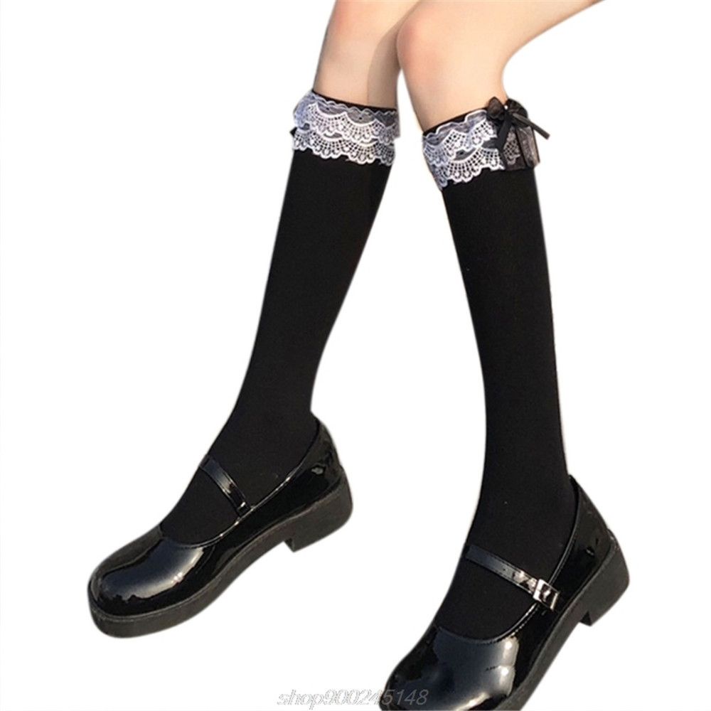 Vớ cotton cao đến đầu gối phối ren bèo Lolita dễ thương cosplay người hầu gái