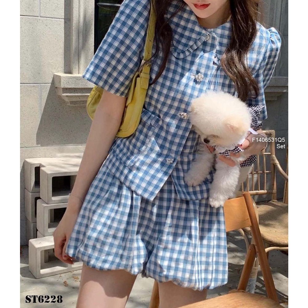 Set bộ kẻ caro xanh áo tay con phối quần short bí phồng hàng QC!