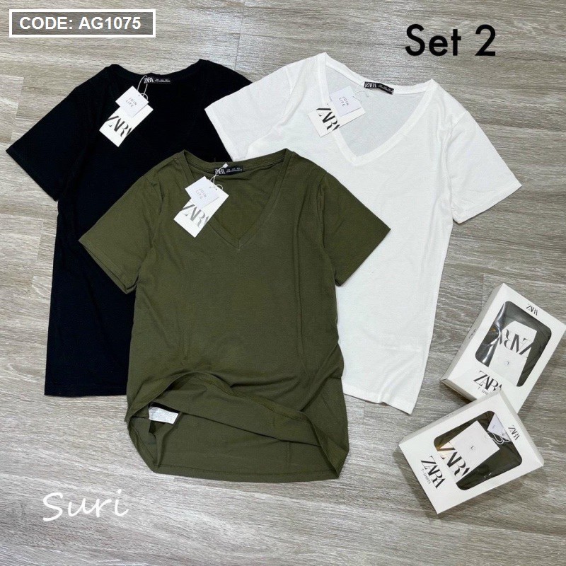 Set áo thun Zara cổ tim full box - full tag