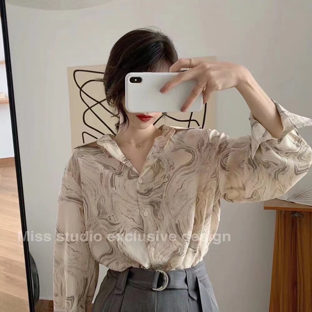 SUXI Áo Sơ Mi Tay Dài Dáng Rộng In Họa Tiết Vintage Dễ Phối Đồ Thời Trang Xuân Hè Phong Cách Hàn Quốc