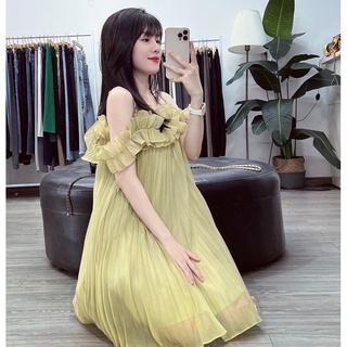 Váy tơ trễ vai dập ly ảnh thật