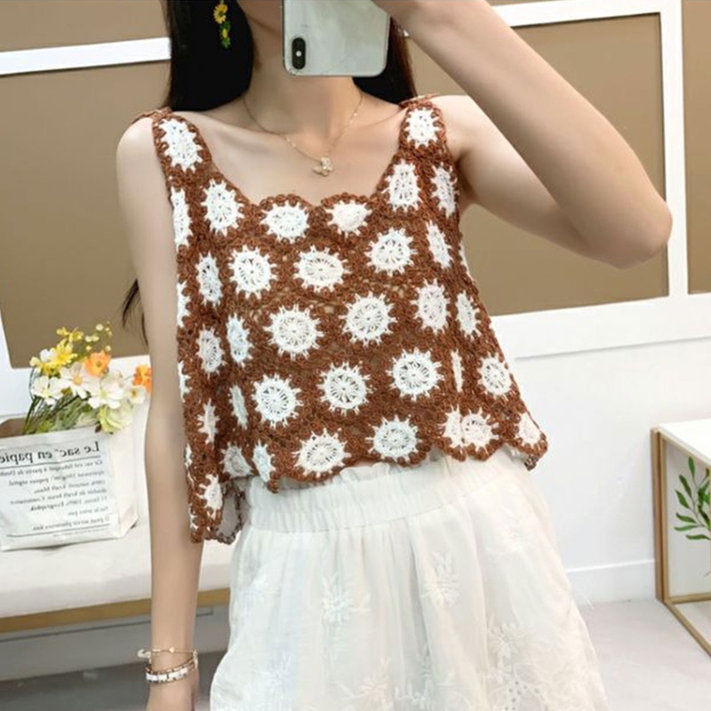 Áo Tank Top Dệt Kim Họa Tiết Hoa Phong Cách Retro Nhẹ Nhàng Cho Nữ